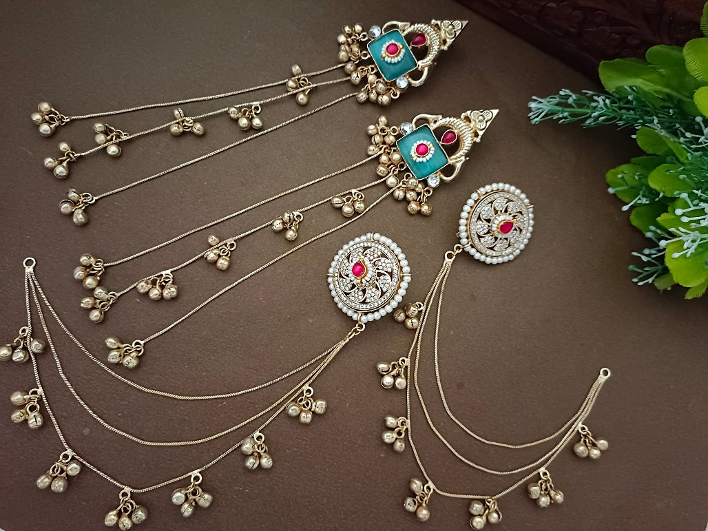 Kundan Studded Geometric Kashmiri Drop Earrings with Earchain (Red & Blue)