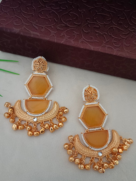 Gold-Toned Geometric Drop Earrings | Kundan Studded, Beaded Brass-Plated Post Back
