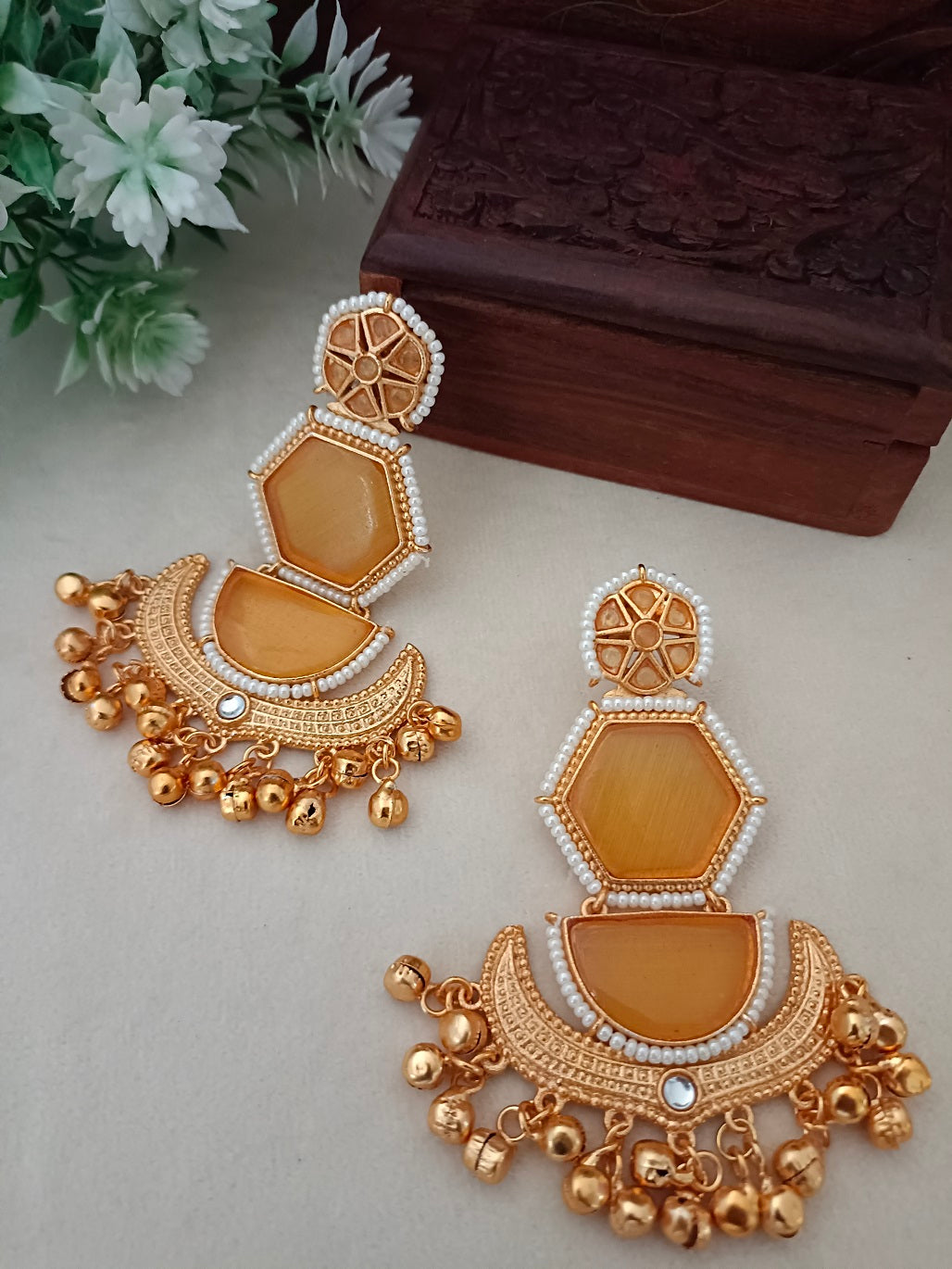 Gold-Toned Geometric Drop Earrings | Kundan Studded, Beaded Brass-Plated Post Back