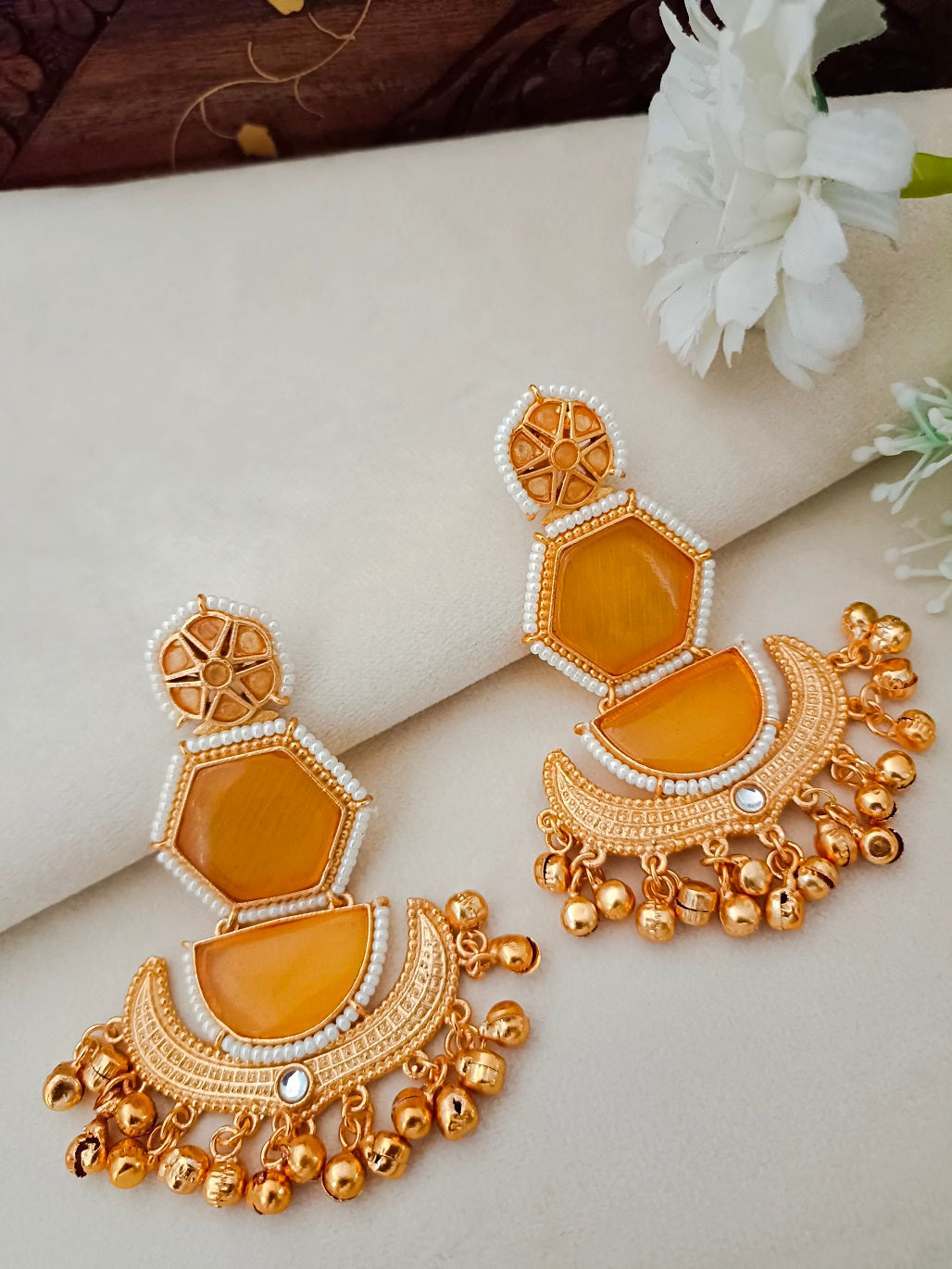 Gold-Toned Geometric Drop Earrings | Kundan Studded, Beaded Brass-Plated Post Back