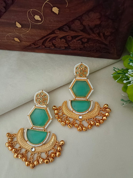 Brass-Plated Emerald Green Kundan Studded Kashmiri Geometric Drop Earrings