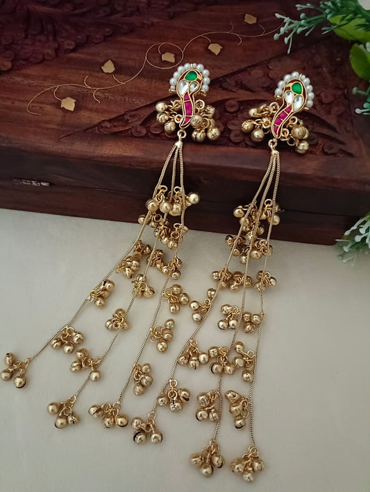 Gold-Toned Pink Peacock Drop Earrings | Kashmiri Style, Kundan & Beaded Brass Post Back