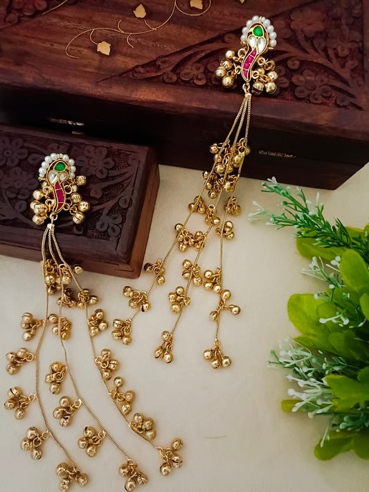 Gold-Toned Pink Peacock Drop Earrings | Kashmiri Style, Kundan & Beaded Brass Post Back