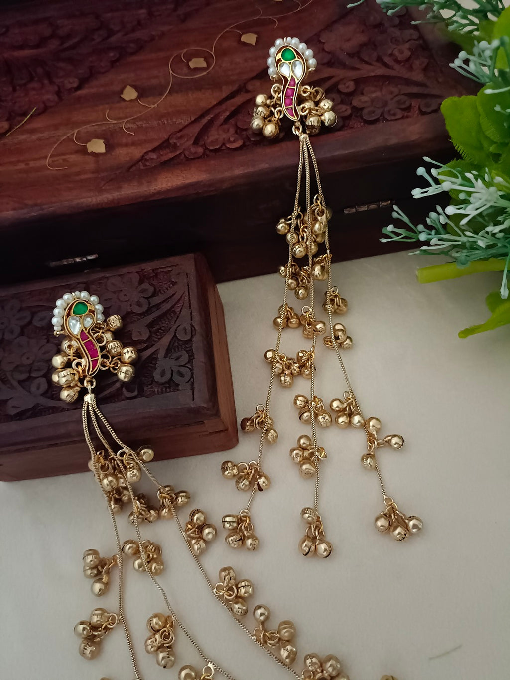 Gold-Toned Pink Peacock Drop Earrings | Kashmiri Style, Kundan & Beaded Brass Post Back
