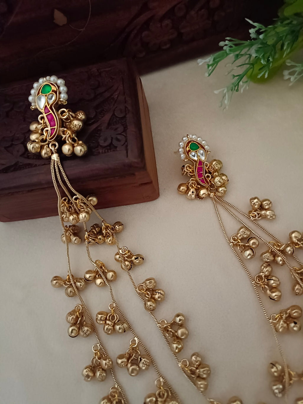 Gold-Toned Pink Peacock Drop Earrings | Kashmiri Style, Kundan & Beaded Brass Post Back