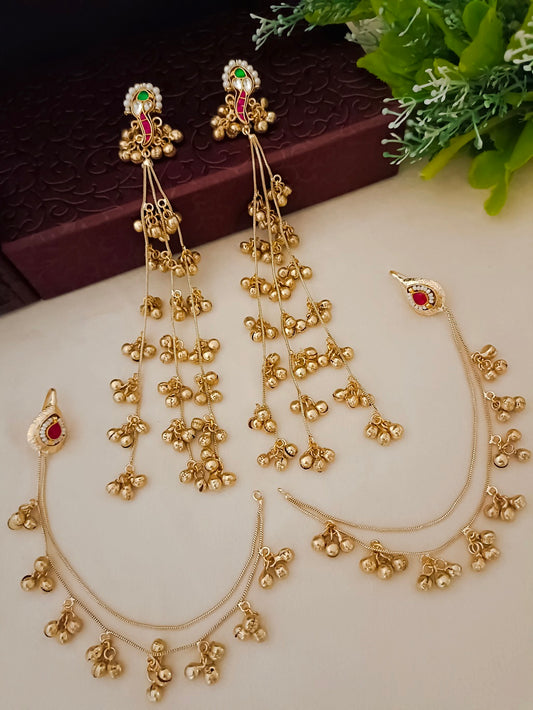 Sanjog Traditional Gold Plated Long Jhumka Earrings with Ear Chains (Kaan Chain) and Kemp Stone Detailing
