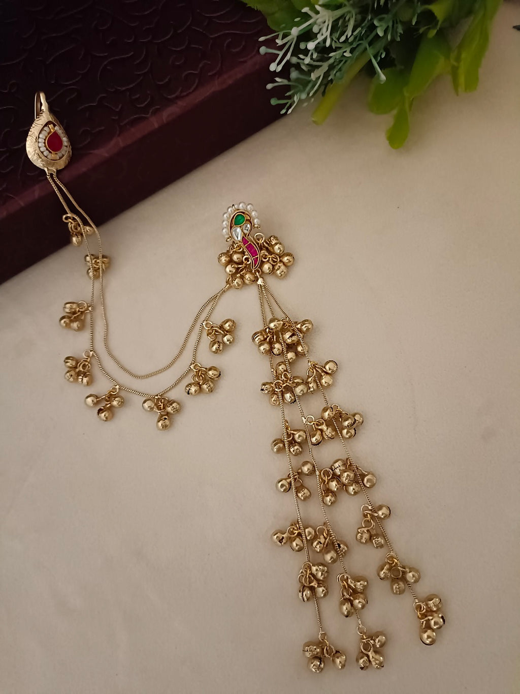 Sanjog Traditional Gold Plated Long Jhumka Earrings with Ear Chains (Kaan Chain) and Kemp Stone Detailing