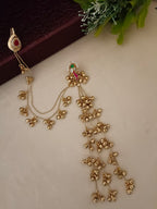 Sanjog Traditional Gold Plated Long Jhumka Earrings with Ear Chains (Kaan Chain) and Kemp Stone Detailing