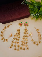 Sanjog Traditional Gold Plated Long Jhumka Earrings with Ear Chains (Kaan Chain) and Kemp Stone Detailing