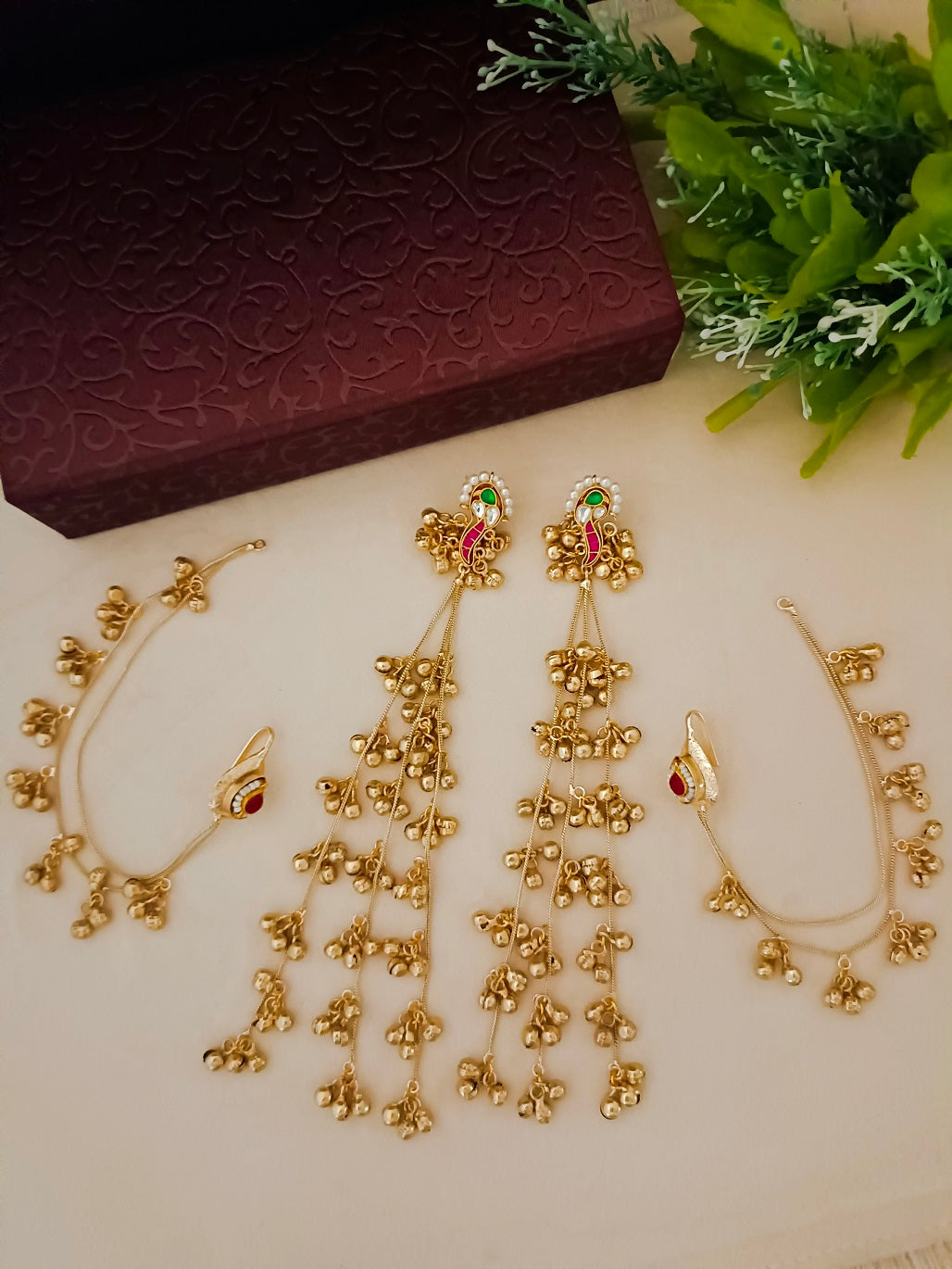 Sanjog Traditional Gold Plated Long Jhumka Earrings with Ear Chains (Kaan Chain) and Kemp Stone Detailing