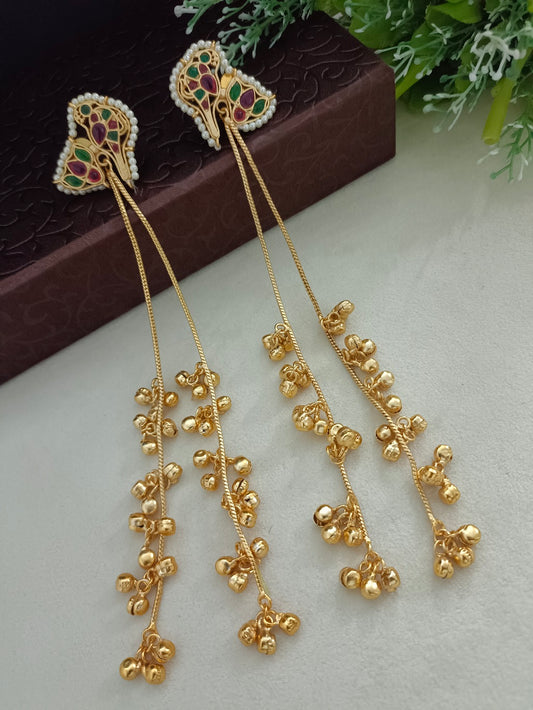 Gold-Toned Pink Drop Earrings | Kundan Studded, Beaded Kashmiri Brass Post Back