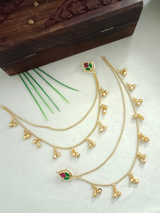 Gold-Toned Pink Teardrop Drop Earrings with Chain | Kundan Beaded Kashmiri Insert Style