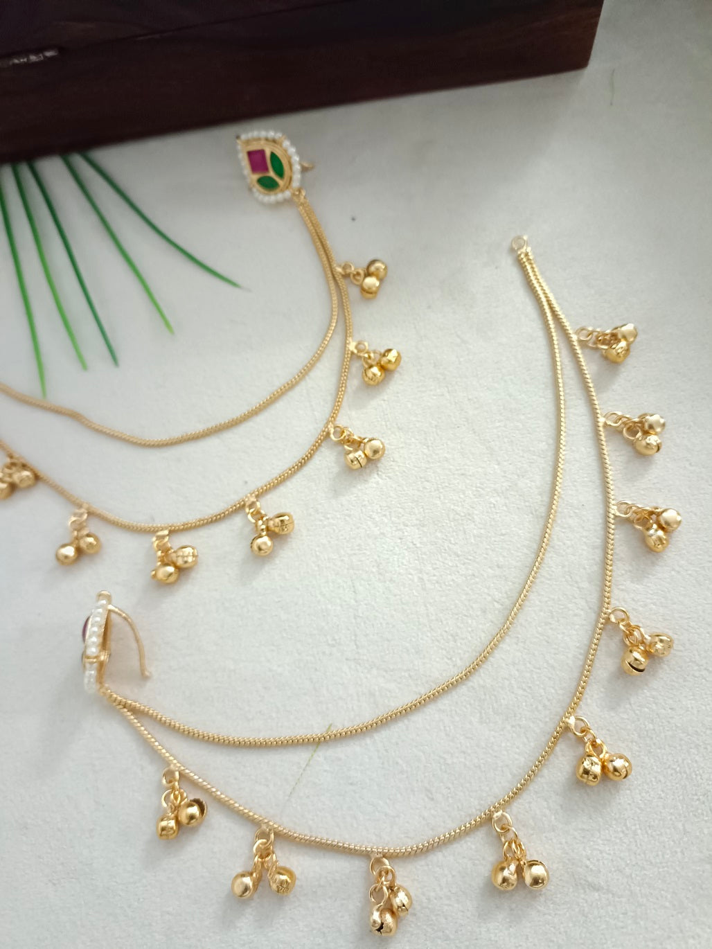 Gold-Toned Pink Teardrop Drop Earrings with Chain | Kundan Beaded Kashmiri Insert Style