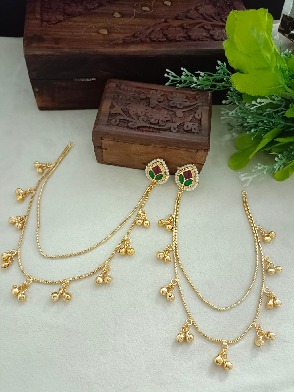 Gold-Toned Pink Teardrop Drop Earrings with Chain | Kundan Beaded Kashmiri Insert Style