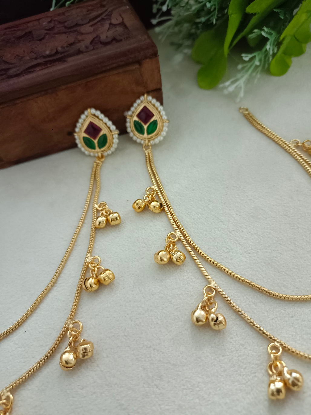 Gold-Toned Pink Teardrop Drop Earrings with Chain | Kundan Beaded Kashmiri Insert Style