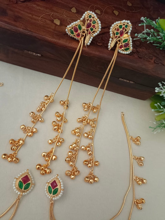 Gold-Toned Pink Contemporary Drop Earrings with Chain | Kundan Beaded Kashmiri Style