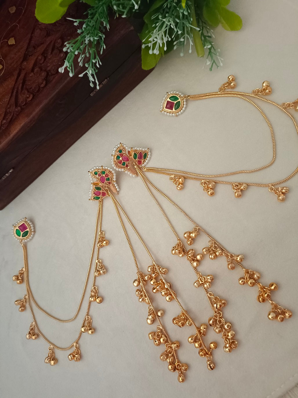 Gold-Toned Pink Contemporary Drop Earrings with Chain | Kundan Beaded Kashmiri Style