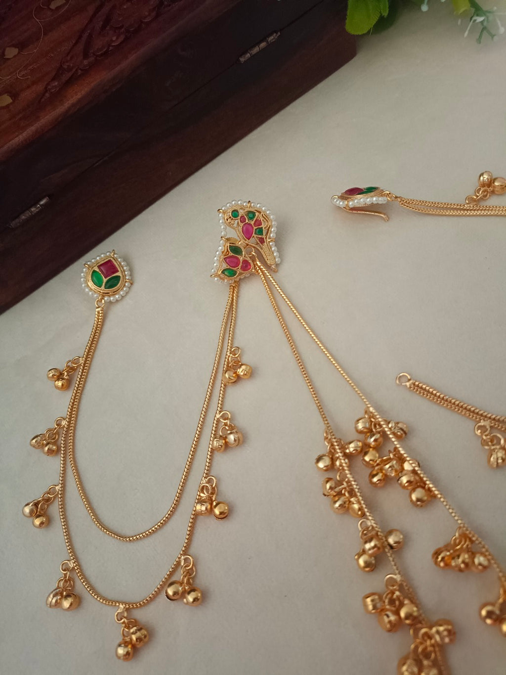 Gold-Toned Pink Contemporary Drop Earrings with Chain | Kundan Beaded Kashmiri Style