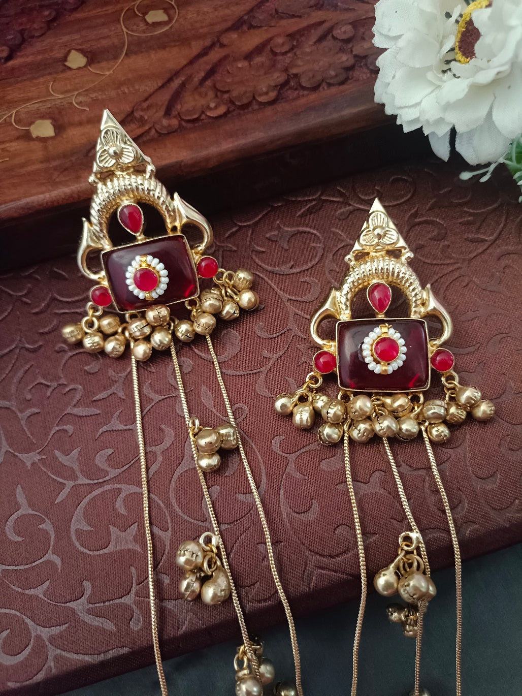 Gold-Toned Red & Pink Geometric Drop Earrings | Kundan Studded Beaded Kashmiri Style