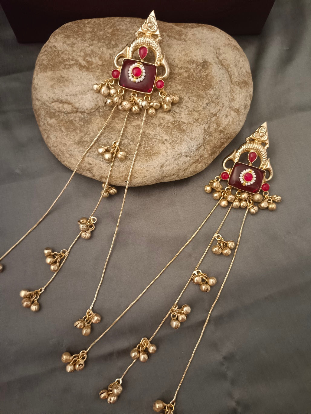 Gold-Toned Red & Pink Geometric Drop Earrings | Kundan Studded Beaded Kashmiri Style
