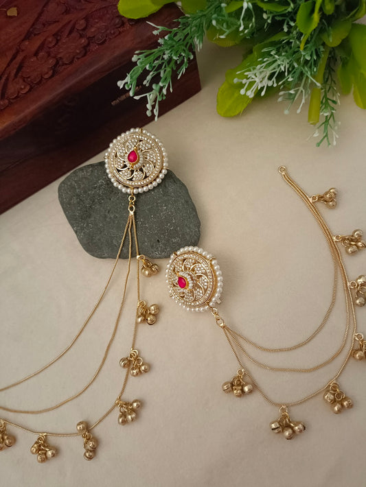 Gold-Toned Red & White Circular Kashmiri Earchains | Kundan Studded Beaded Insert Style