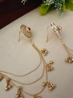 Gold-Toned Red & White Circular Kashmiri Earchains | Kundan Studded Beaded Insert Style