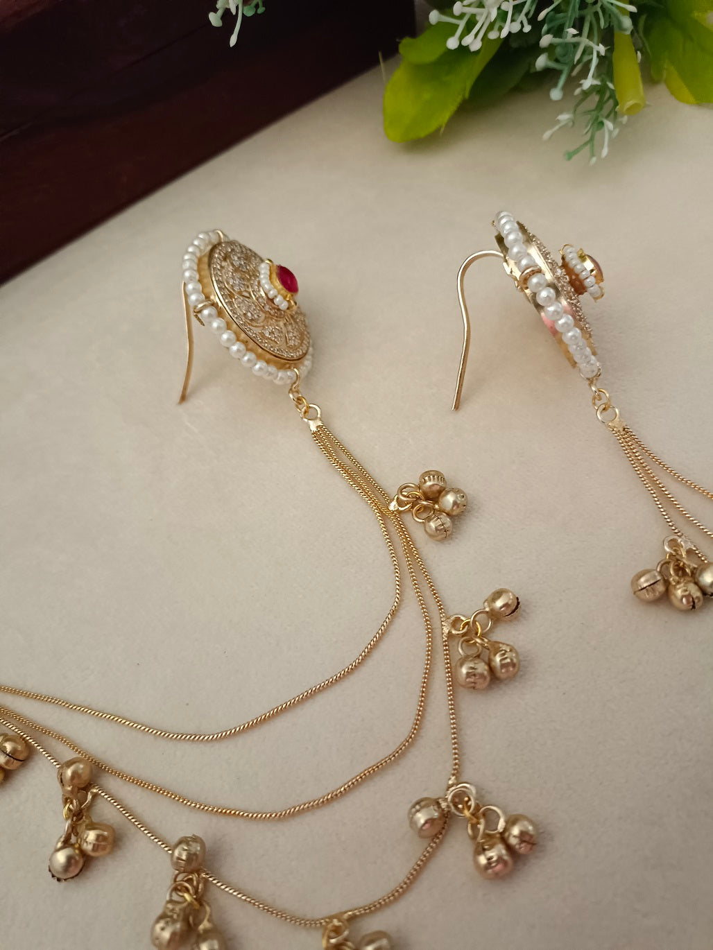 Gold-Toned Red & White Circular Kashmiri Earchains | Kundan Studded Beaded Insert Style
