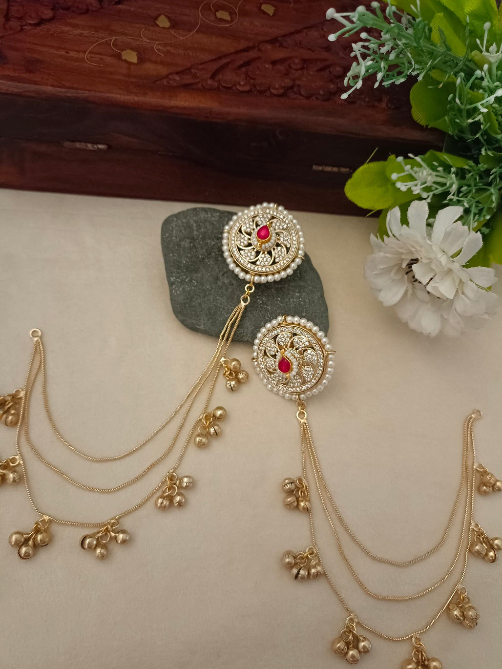 Gold-Toned Red & White Circular Kashmiri Earchains | Kundan Studded Beaded Insert Style