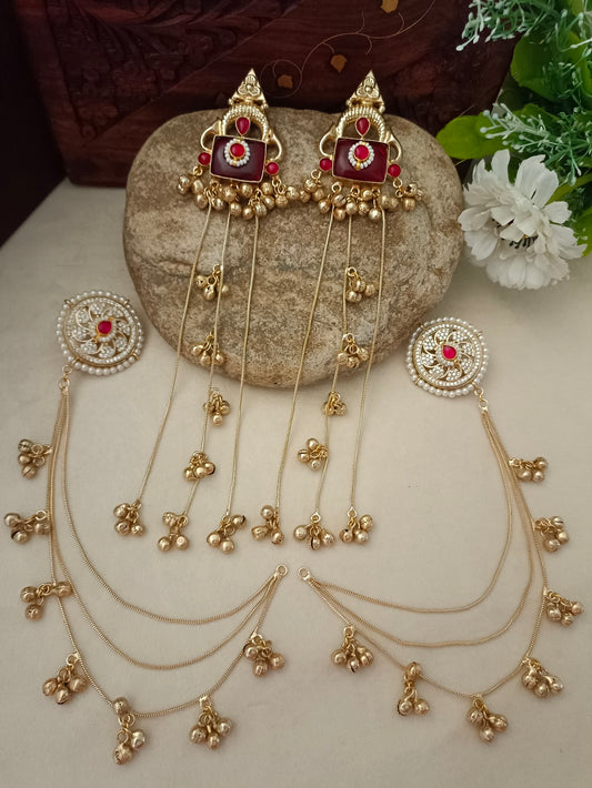Gold-Toned Red & Pink Geometric Drop Earrings with Earchains | Kundan Beaded Kashmiri Style