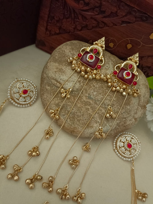 Gold-Toned Red & Pink Geometric Drop Earrings with Earchains | Kundan Beaded Kashmiri Style