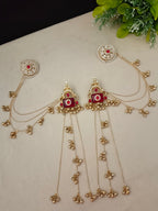 Gold-Toned Red & Pink Geometric Drop Earrings with Earchains | Kundan Beaded Kashmiri Style