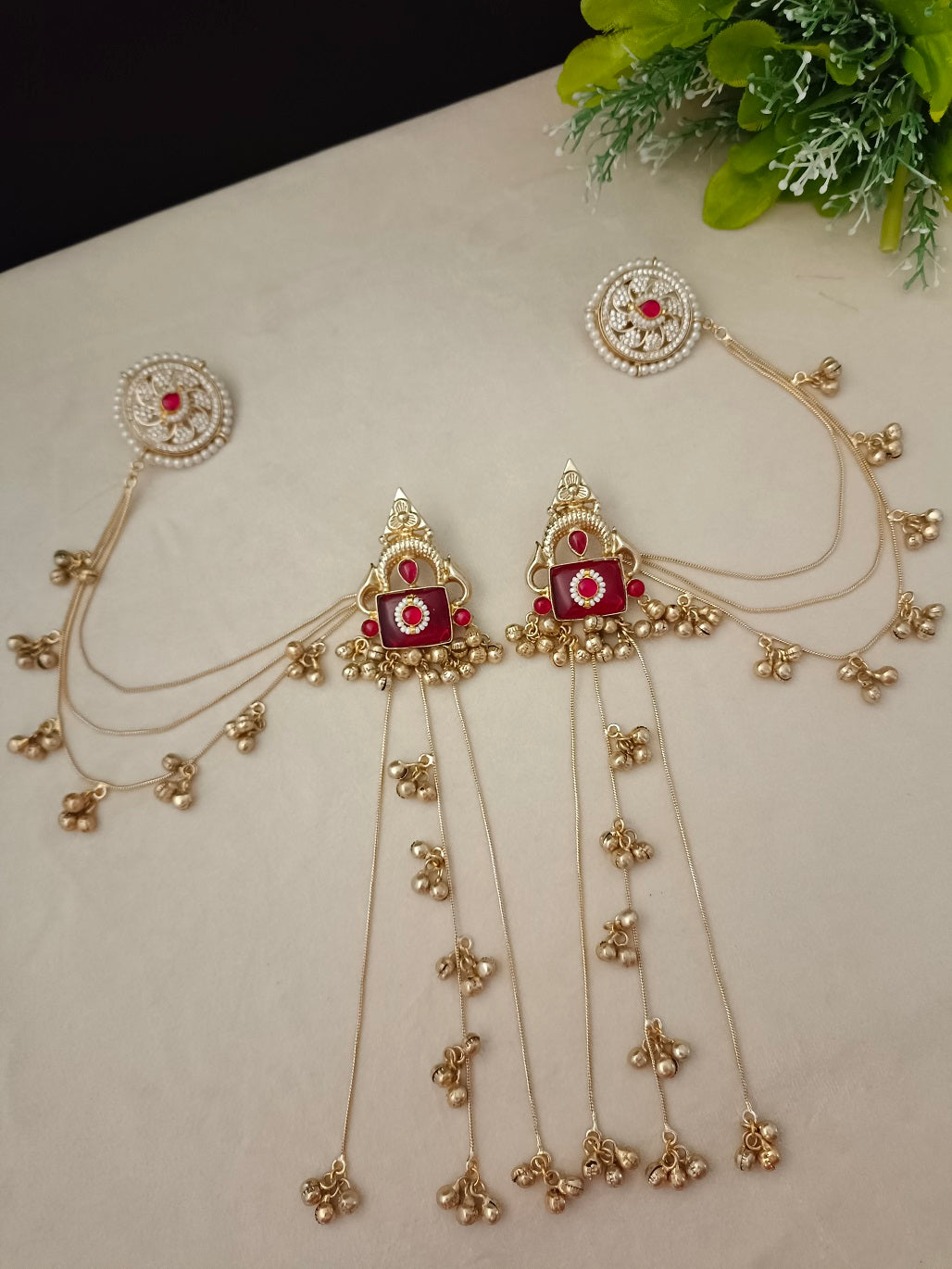 Gold-Toned Red & Pink Geometric Drop Earrings with Earchains | Kundan Beaded Kashmiri Style