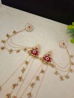 Gold-Toned Red & Pink Geometric Drop Earrings with Earchains | Kundan Beaded Kashmiri Style