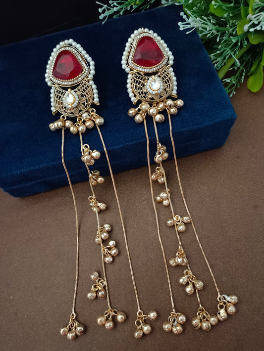 Sanjog Regal Victorian Style Dangler Earrings with Ghungroo Chain Tassels – Ruby Stone & Pearl Statement Jhumki