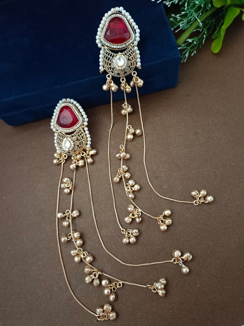 Gold-Toned Red & White Geometric Drop Earrings | Kundan Studded, Ghungroo Beaded Kashmiri Style