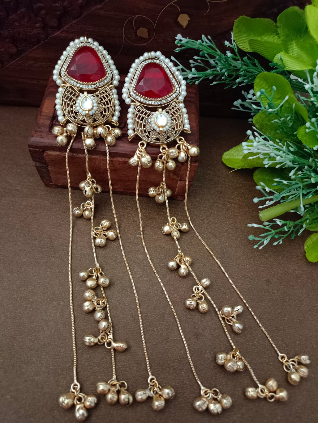 Gold-Toned Red & White Geometric Drop Earrings | Kundan Studded, Ghungroo Beaded Kashmiri Style