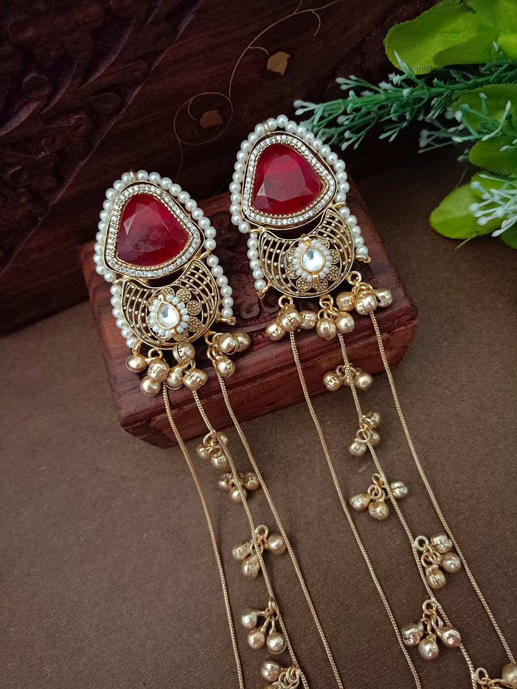 Gold-Toned Geometric Drop Earrings | Kundan Studded Beaded Kashmiri Style
