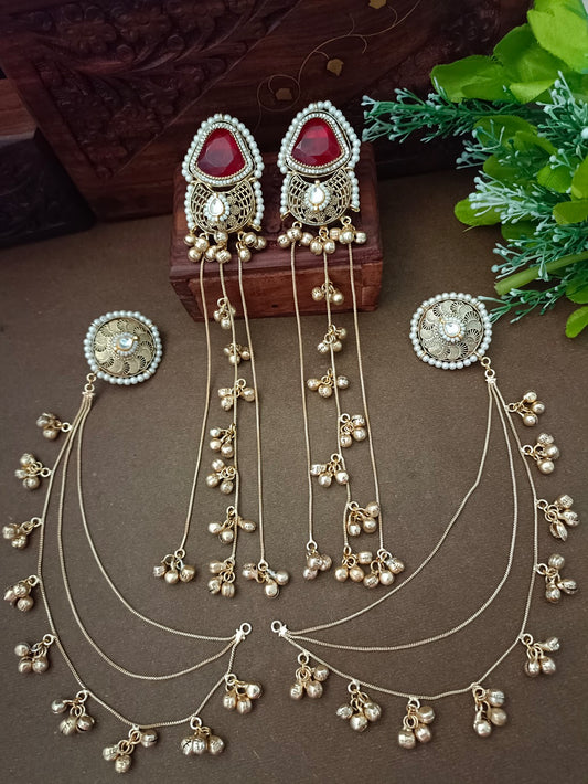 Gold-Toned Pink & White Geometric Drop Earrings with Earchains | Kundan Studded Kashmiri Style