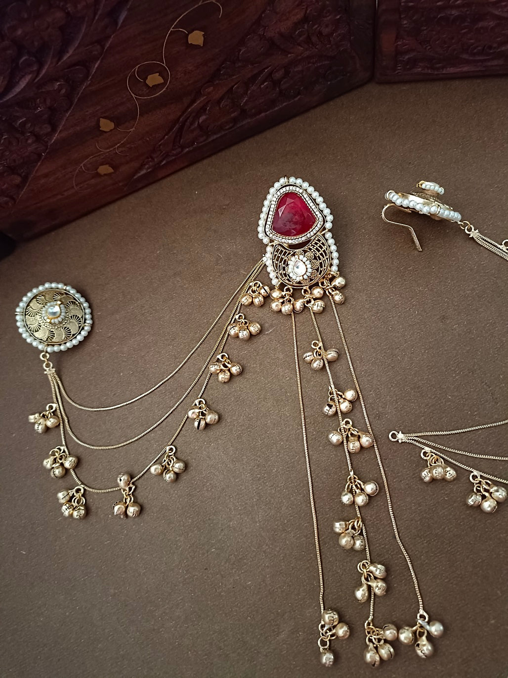 Gold-Toned Geometric Drop Earrings | Kundan, Ghungroo Beaded Kashmiri Earchains