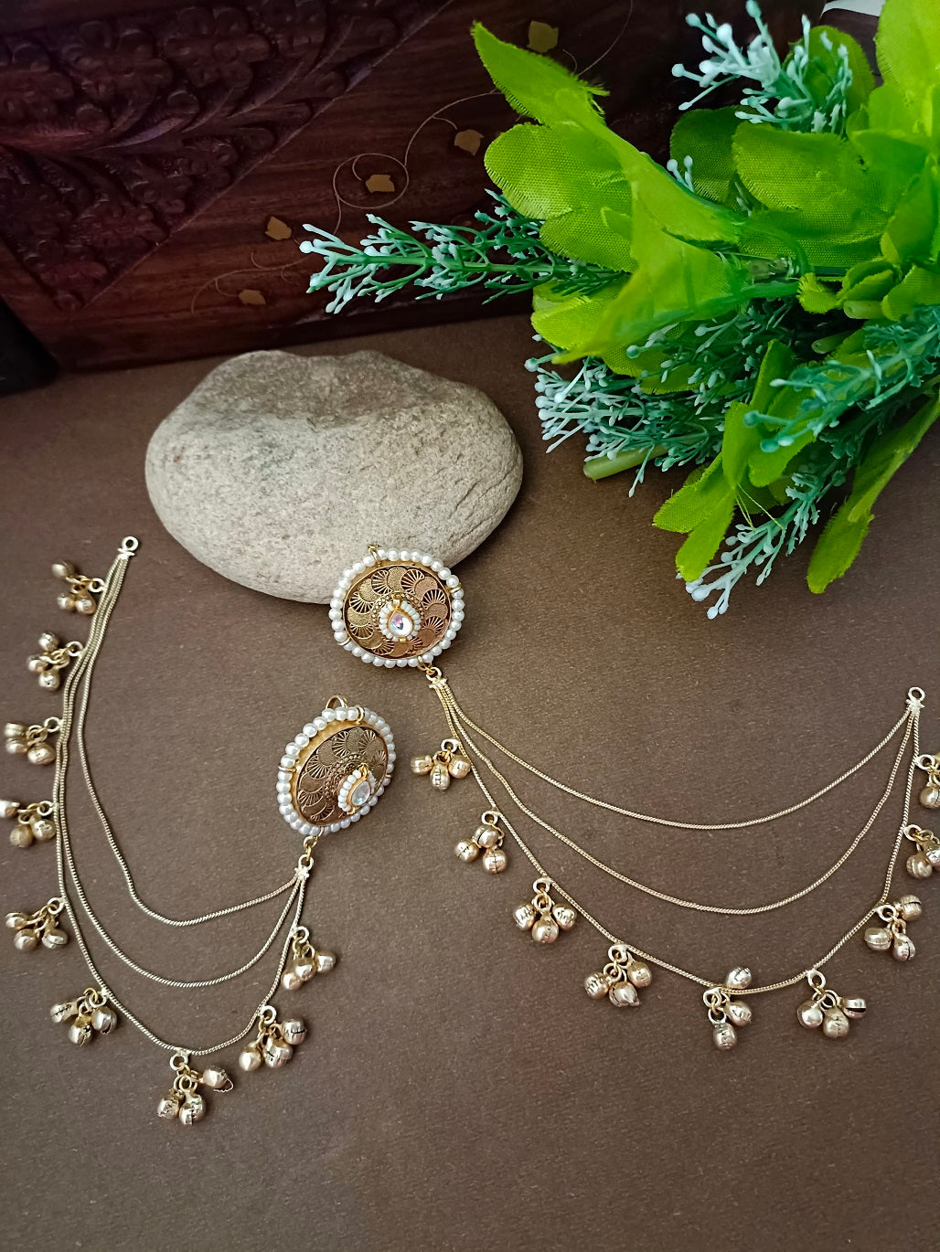 Gold-Toned White Circular Kashmiri Earchains | Geometric Kundan Studded & Beaded Insert Closure