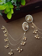 Gold-Toned White Circular Kashmiri Earchains | Geometric Kundan Studded & Beaded Insert Closure