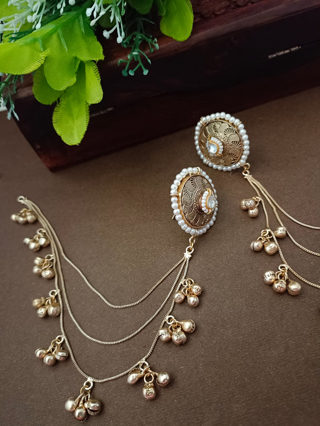 Gold-Toned White Circular Kashmiri Earchains | Geometric Kundan Studded & Beaded Insert Closure