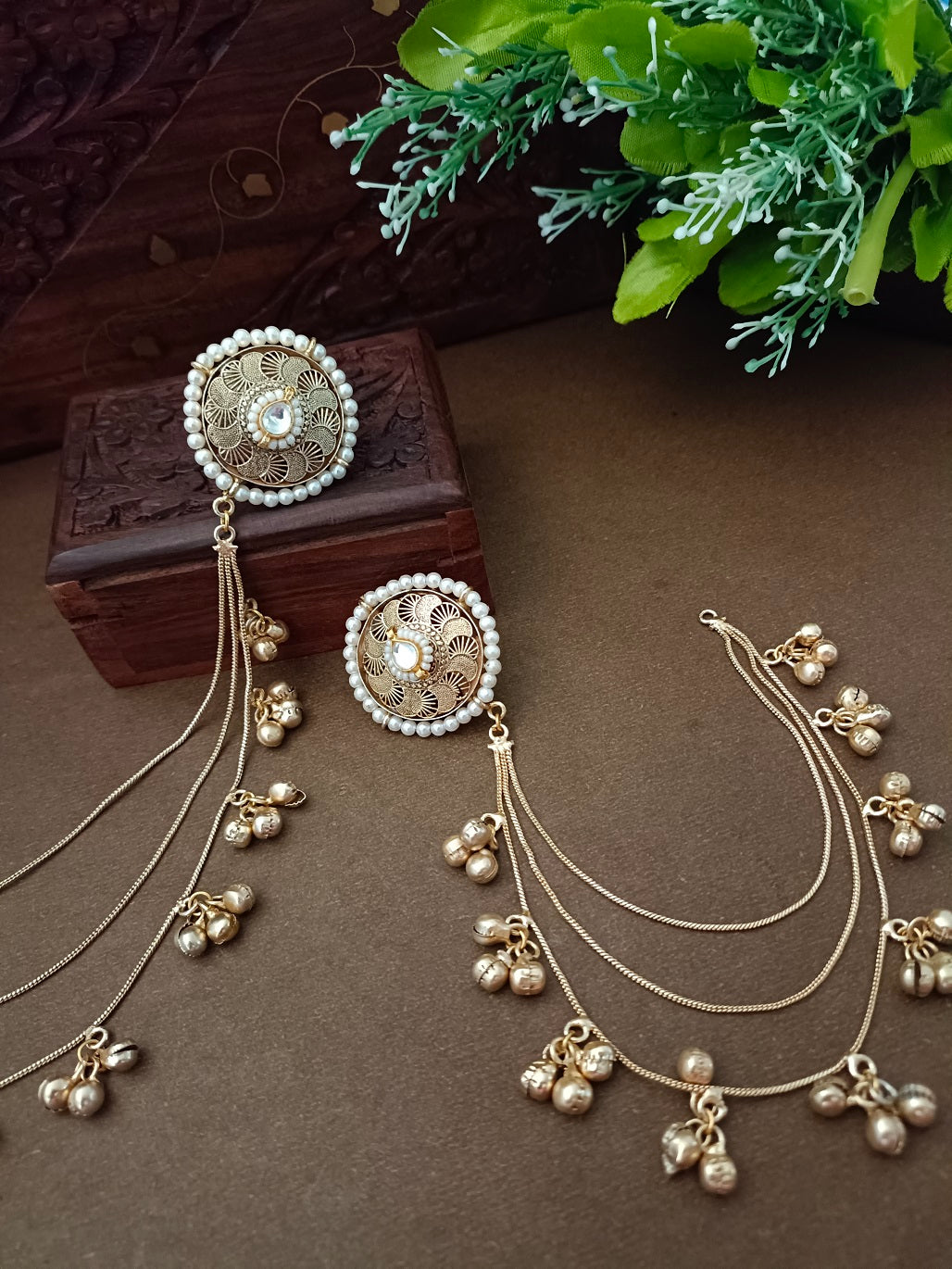 Gold-Toned White Circular Kashmiri Earchains | Geometric Kundan Studded & Beaded Insert Closure