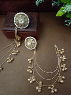 Gold-Toned White Circular Kashmiri Earchains | Geometric Kundan Studded & Beaded Insert Closure