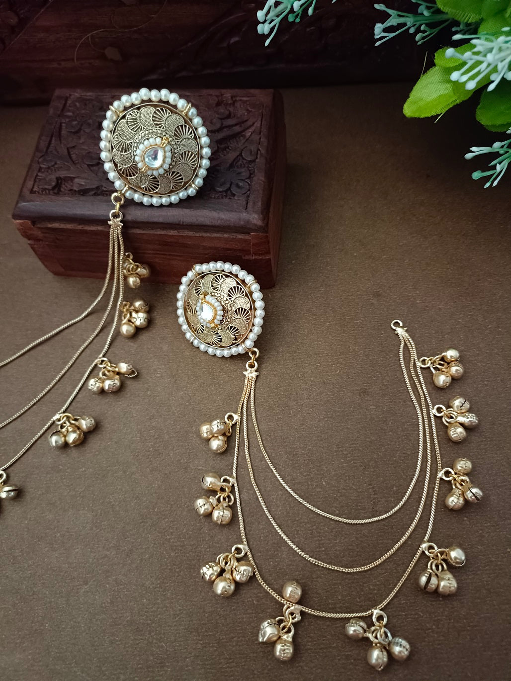 Gold-Toned White Circular Kashmiri Earchains | Geometric Kundan Studded & Beaded Insert Closure