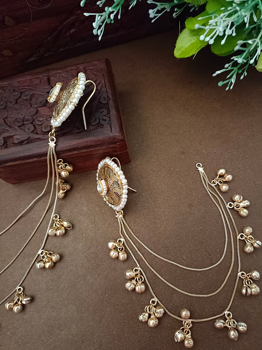 Gold-Toned White Circular Kashmiri Earchains | Geometric Kundan Studded & Beaded Insert Closure