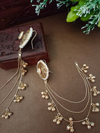 Gold-Toned White Circular Kashmiri Earchains | Geometric Kundan Studded & Beaded Insert Closure