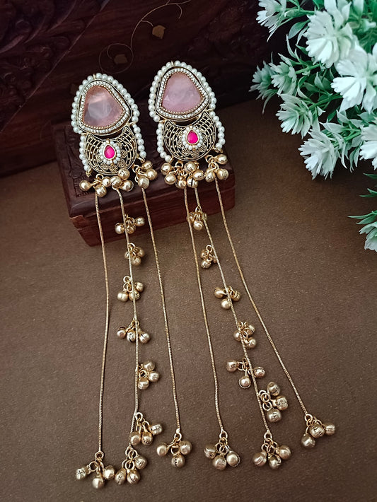 Gold-Toned Pink & White Geometric Drop Earrings | Kundan Studded Beaded Kashmiri Style