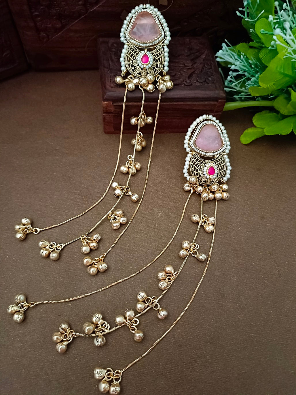 Gold-Toned Geometric Drop Earrings | Kundan Studded Beaded Kashmiri Style