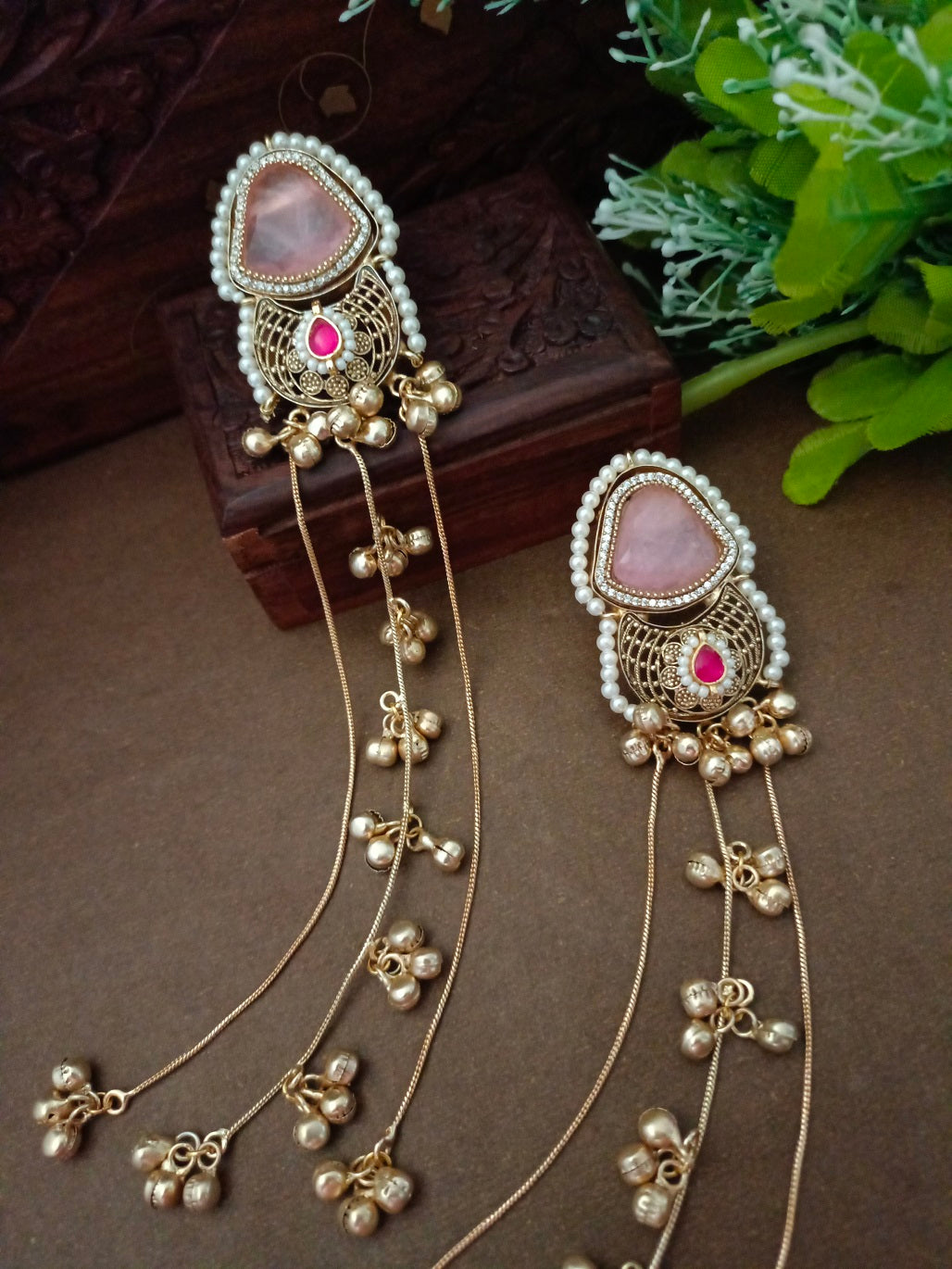 Gold-Toned Geometric Drop Earrings | Kundan Studded Beaded Kashmiri Style